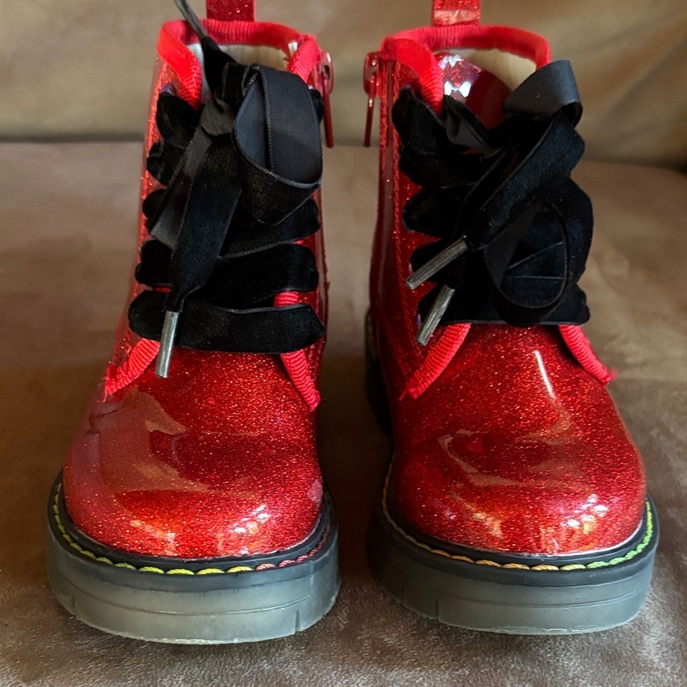 Dream Pairs Red Glitter Kids Boots with Black Bow Laces
